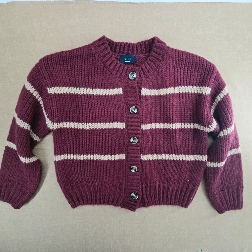 Vici Sz M Burgundy Khaki Stripe Cardigan Short Chunky Knit Collegiate Academia